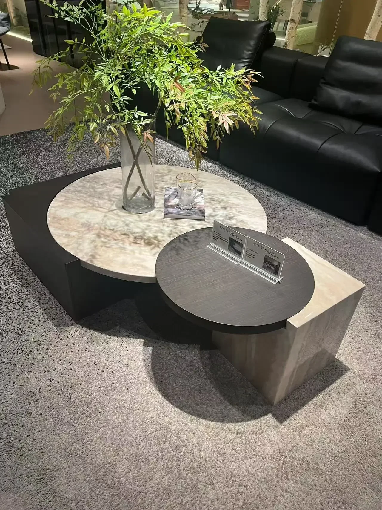Marble coffee table combination travertine decorative surface solid wood living room, large and small combination villa