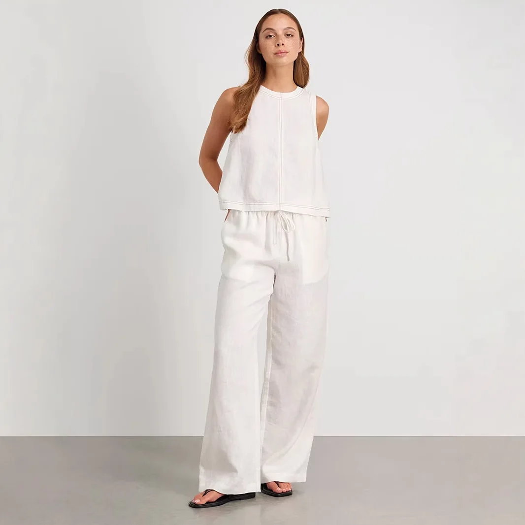 

Wind Wide Leg Pants Svel Vest Casual Set Faionable Summer Outfit for Young Women round Ne Two-Piece Suit