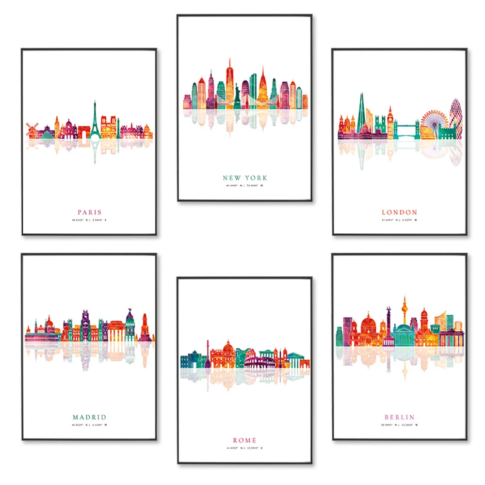 Paris London New York Madrid City Cskyline Nordic Posters and Pritns Wall Art Canvas Painting Wall Picture for Living Room Decor