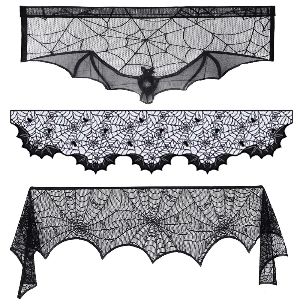 Camino de mesa de Halloween, mantel de encaje de telaraña de murciélago negro, cortina de chimenea para decoración de fiesta de Halloween, accesorios de Casa de terror
