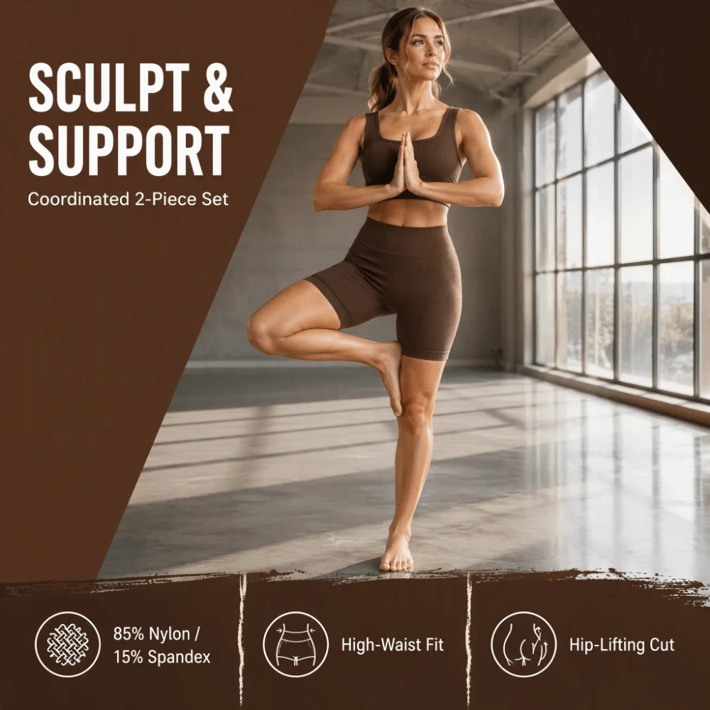 2pcs High Waist Design Ribbed Crop Tank Pull-On Style Stretchy Material High Waist Yoga Shorts Yoga Exercise Outfits