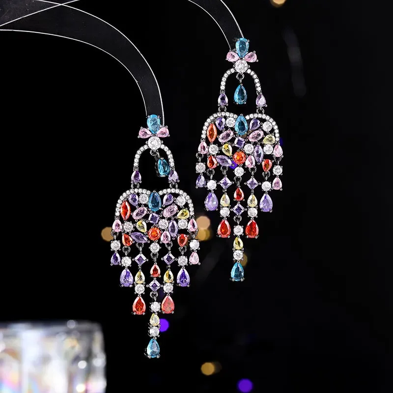 Colorful Vacation Style Long Big Dangle Dangle Earrings for Women Shiny Zircon Beach Summer Party Jewelry Gift