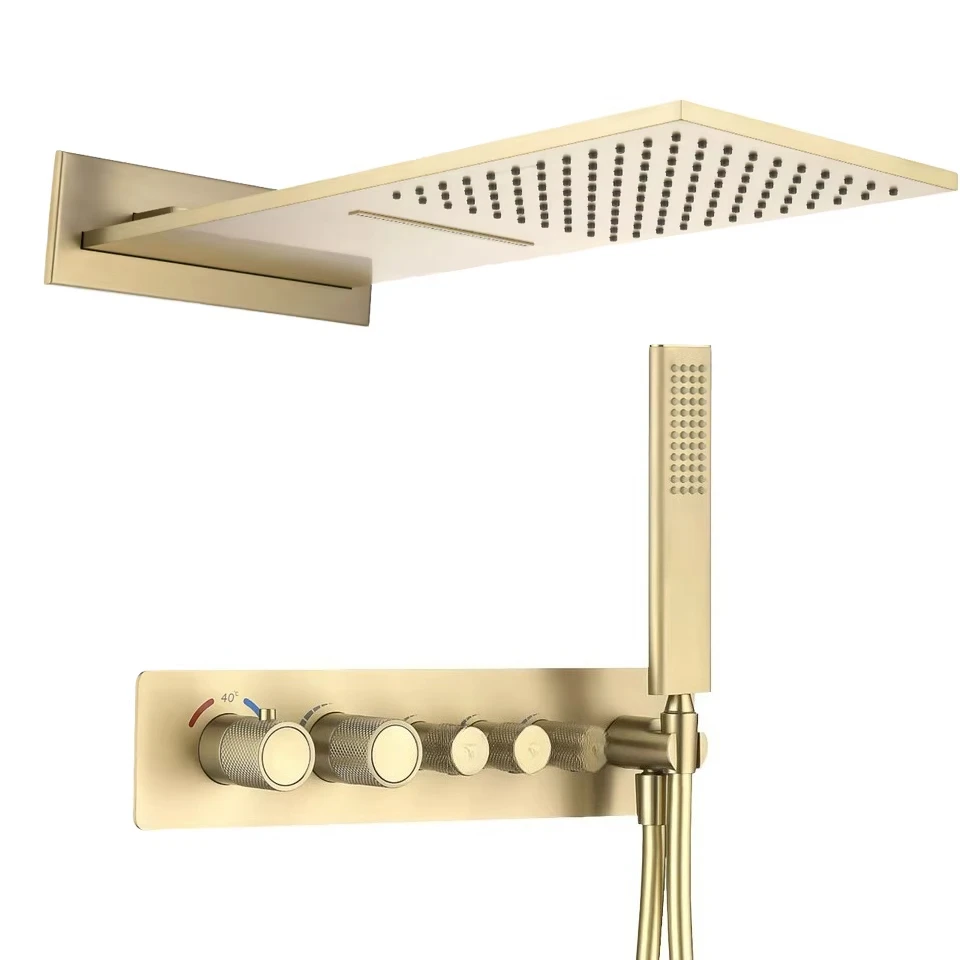 高品質真鍮製隠蔽型サーモスタットシャワー水栓 ブラッシュドゴールド レインフォール ウォーターフォール設置セット マッサージスプレーパターン