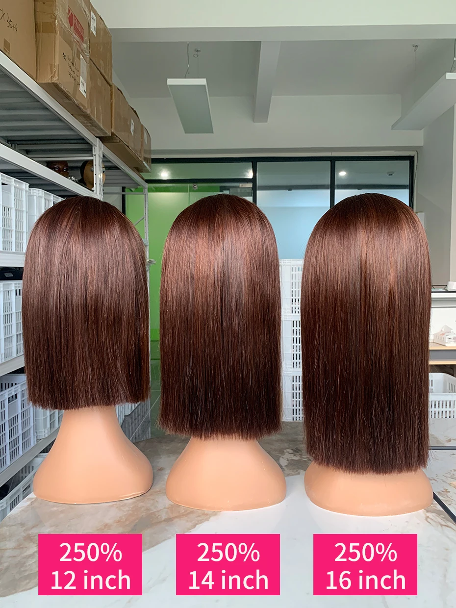 # 2 Bruine Chocolade Kleur 250 Dichtheid Kant Frontale Pruik Echt haar Ruw Vietnamees Dubbelgetrokken 13x4 Bob Kanten Voorkant Pruiken van echt haar