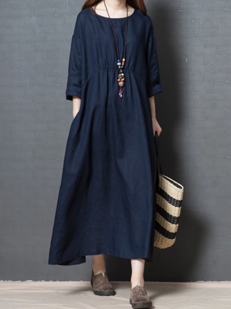 

Cotton Linen Dress New in Summer Round Neck Solid Color Sleevethree-quarter Sleeve Mid Length Version Commuting Women's Dress