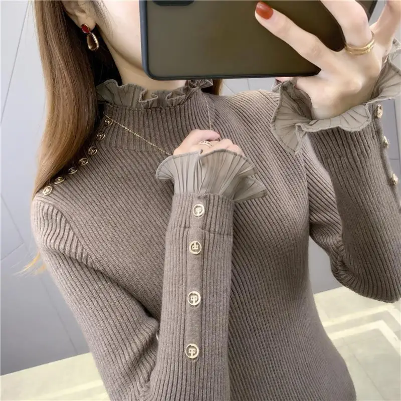 

Fashion Solid Color Spliced Princess Sleeve Ruffles Sweater Women Clothing 2022 Autumn New Casual Pullovers All-match Sweet Tops