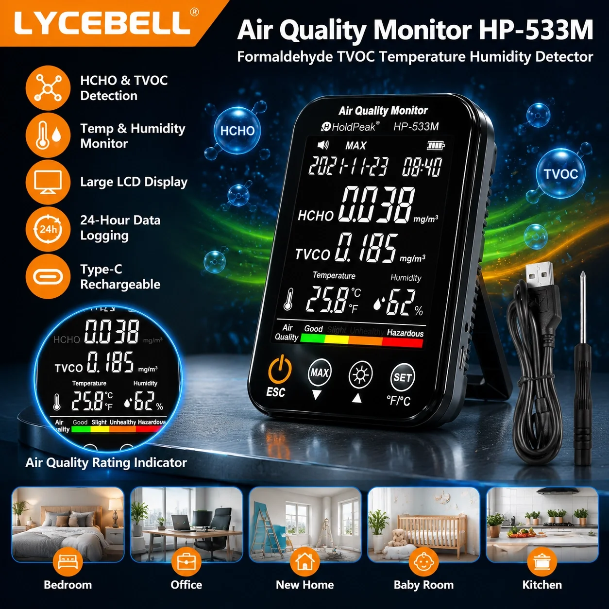 HoldPeak 533M 4-in-1 HCHO TVOC Temp Humidity Air Quality Tester 96 Data Storage 24H Logging Voice Alarm for Home