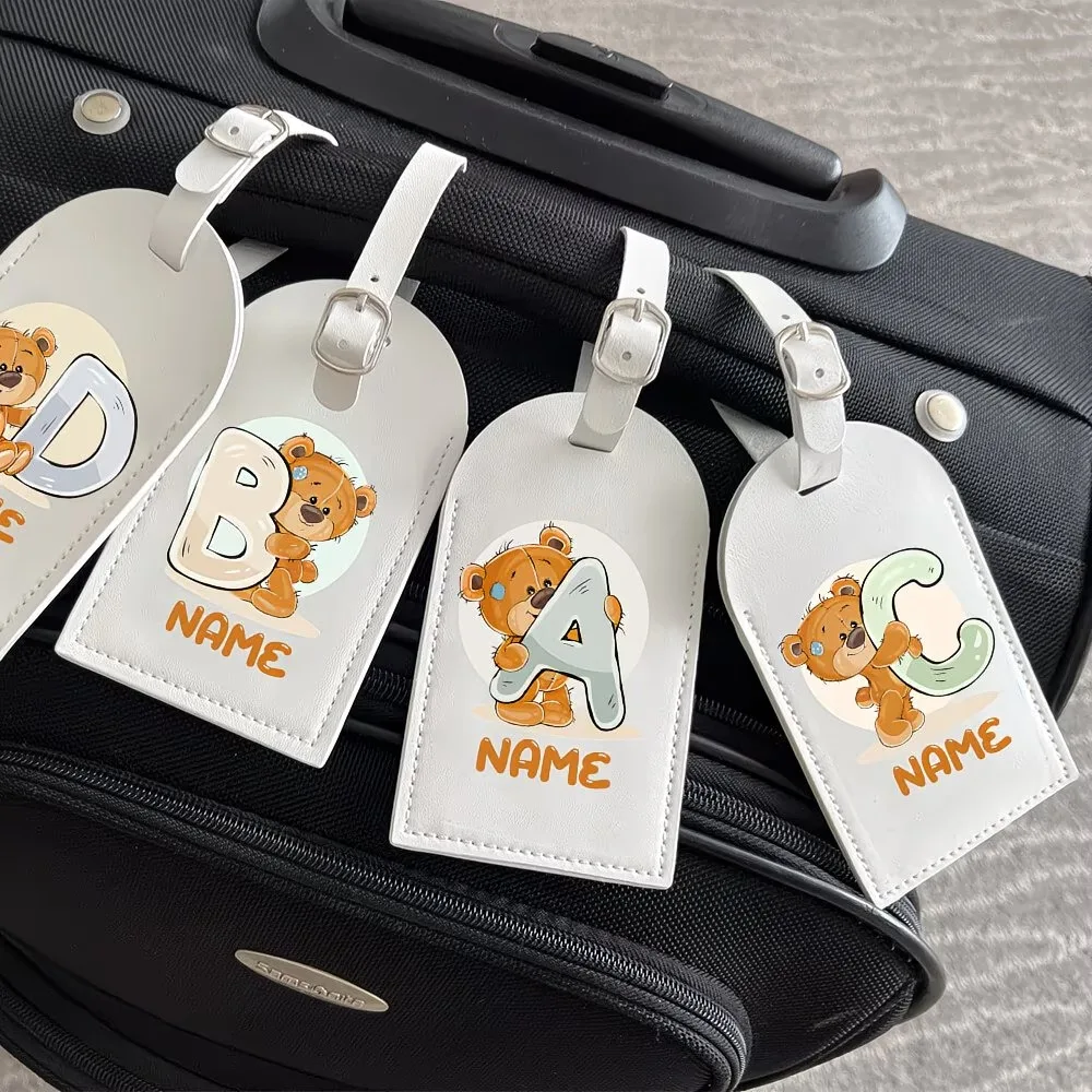 Custom Personalized Cartoon Bear Luggage Tags Made of PU, Featuring Colorful Monograms. Ideal for Travel, Weddings, And Birthday