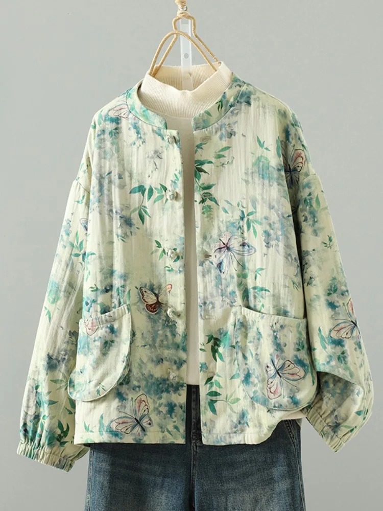 Handmade Chinese Style Short Jacket Women's Linen Outerwear Autumn Floral Print Top Large Size Tea Ceremony Outfit Casual Loo...