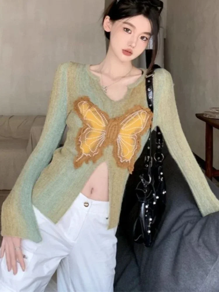 Sweet V Neck Y2k Patchwork Bow Design Sweaters Contrast Color Gradient Slim Split Pullovers Women Harajuku Vintage Sueter Mujer