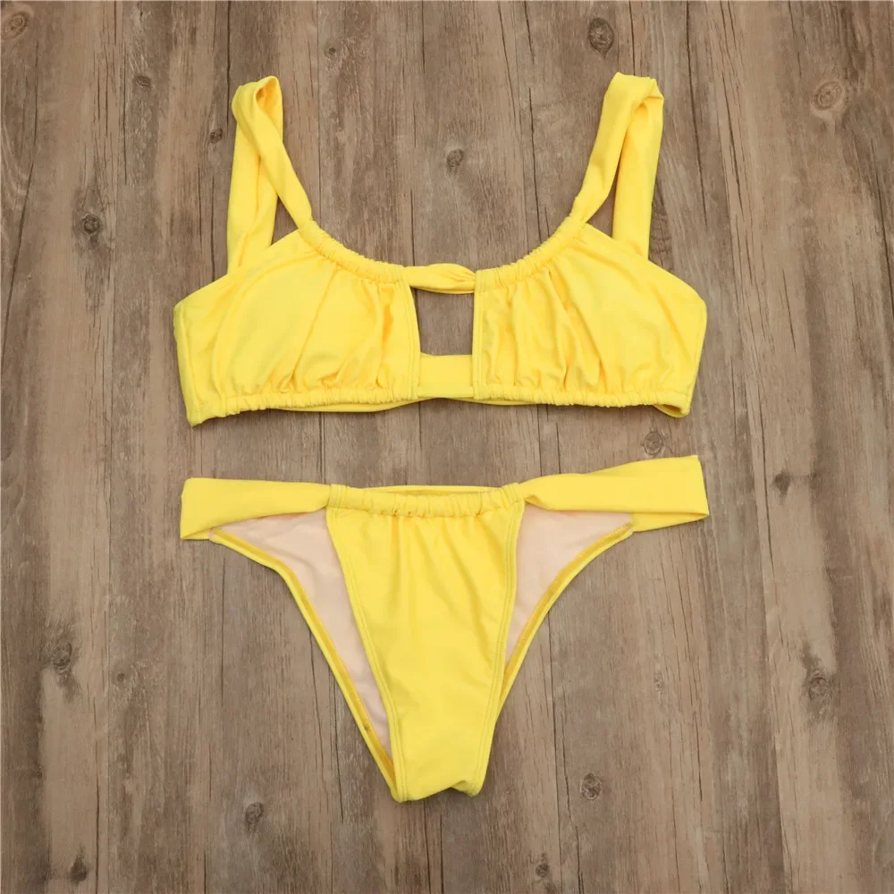 Solid Color Hollow-out Bikini Set Women's Sexy Backless Thong Swimsuit Push Up Bathing Suits Beach Swimwear