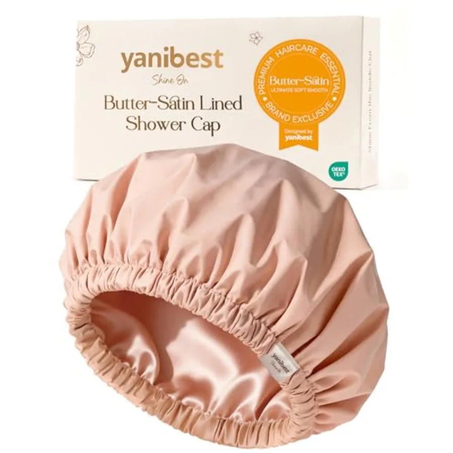 

Shower Cap for Women Reusable WaterproofSatin Lined Bath Cap with Soft Elastic Band Large Washable Hair Caps for Shower Peachy