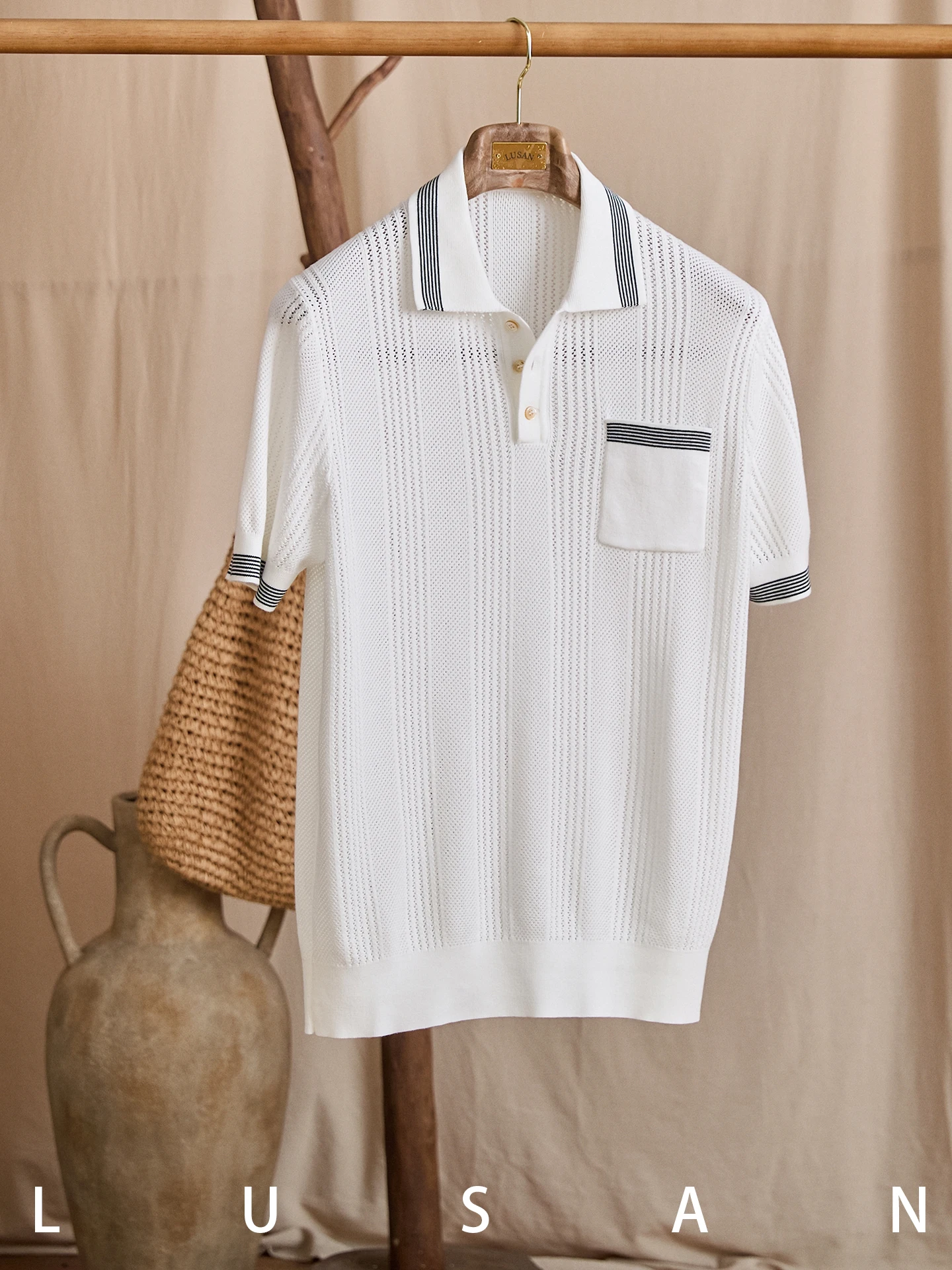High-End Summer New Luxury Pure Cotton Hollow Breathable Lapels T-shirt Commute Leisure Niche Young