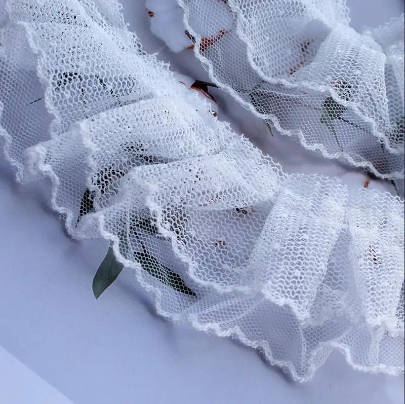 3/5yard 5CM Wide 2Layers Purple Pink Mesh Polka Dots Embroidery Ruffle Lace Trim Lolita Dress Collar Cuffs DIY Sewing Decor X658