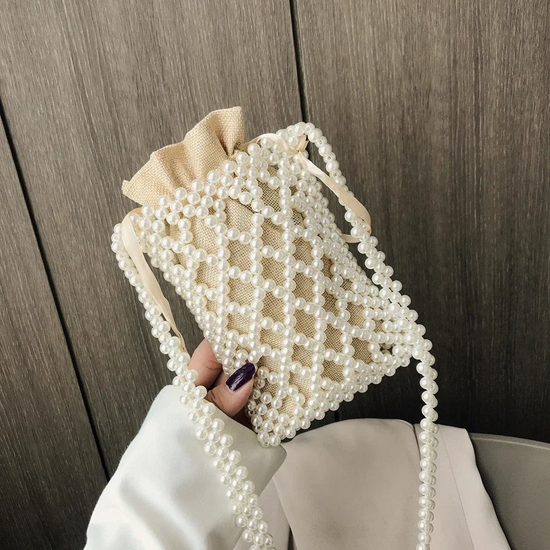 

Pearl Beading Compact Cute Shoulder and Crossbody Bags Solid String High Quality Mobile Phone Bags for Women 2024 Fashion Style