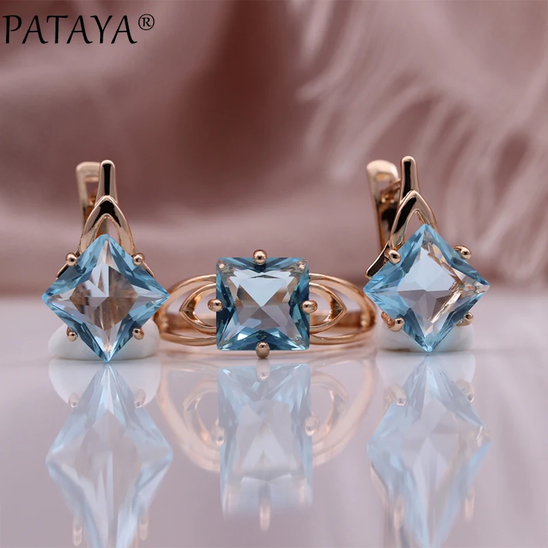 PATAYA New Trend Woman Gift 585 Rose Gold Color Earrings Ring Set Square Natural Zircon Noble Fashion Jewelry Set 2020