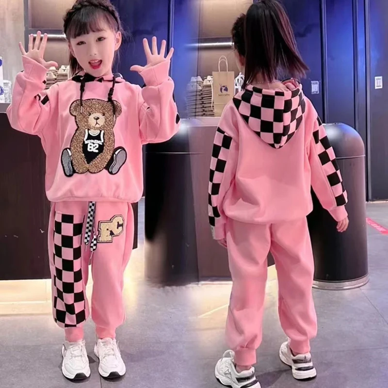 Teen Girls Clothing Set Spring Autumn Cartoon Bear Long Sleeve Lattice Hoodies Sweatshirt+Pants 2Pcs For 2-8Y Kids Casual Suit