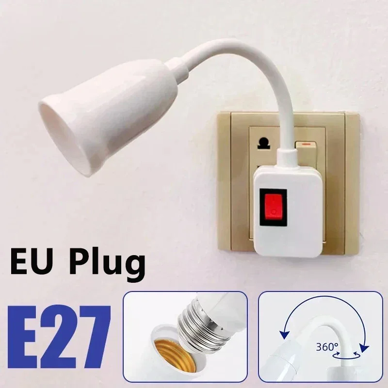 E27 Direct Plug Swivel Socket Bulb Holder Switch EU Plug LED Table Lamp Stainless Steel Hose