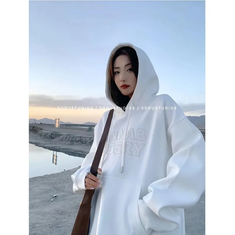 

Korean Women's Clothing Vintage White Baggy Pullover Fashion Letter Print Sweatshirt Lazy Casual Raglan Sleeves Hoodie Autumn