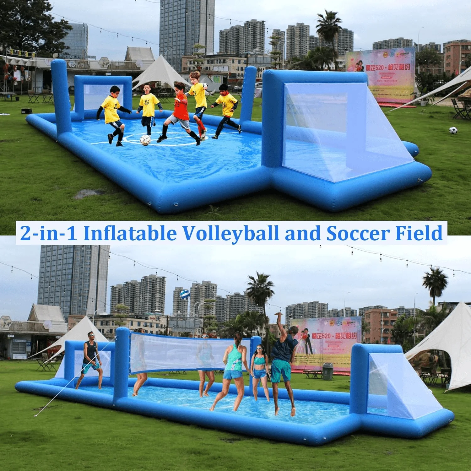 Large New Inflatable Volleyball and Football Court  2 in 1inflatable Water Game With Recreational Facilities
