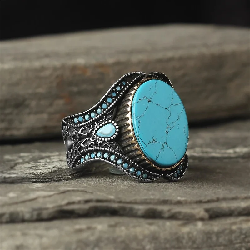 Vintage Round Geometry Metal Inlay Blue Stone Silver color Flower Rings for Men Party Jewelry Gift