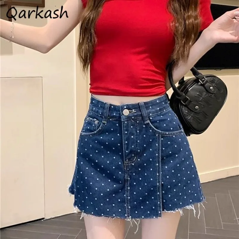 

Polka Dot Printing Denim Skirts Women Oversized 3XL Retro Raw Edge High Waist A-line New Design Summer Korean Style Zipper Chic