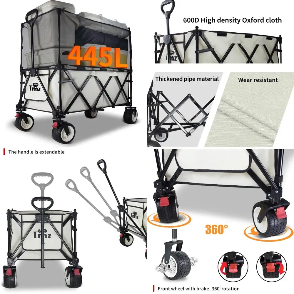 Extra Large Heavy Duty Foldable Cart 445L Capacity All-Terrain Wheels Utility Wagon with Canopy and Brakes for Beach and Outdoor