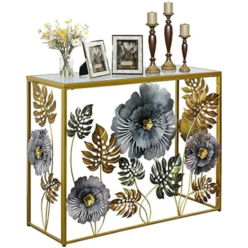 

Vintage Art Sofa Table with Metal Flower Decor, Slim Entryway Tables with Glass Mirror Desktop Behind Sofa, Narrow Accent