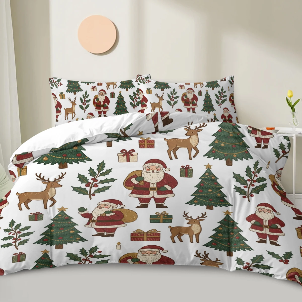 3PCS Duvet Cover Set Zipper Christmas Santa Reindeer Xmas Tree Gift Holly Print Bedroom Home Decor Winter Xmas Holiday Decor