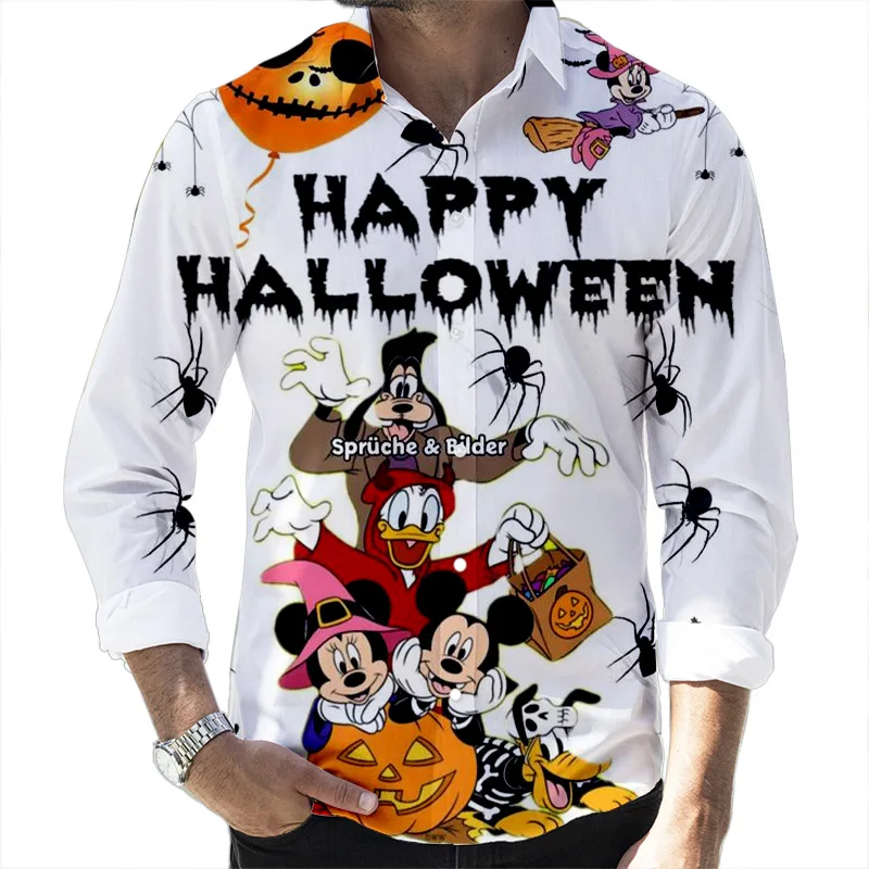 2024 New Halloween Fall Popular Disney Brands Goofy and Mickey Casual 3D Printed Long Sleeve Lapel Shirt Slim Fit Men's Top