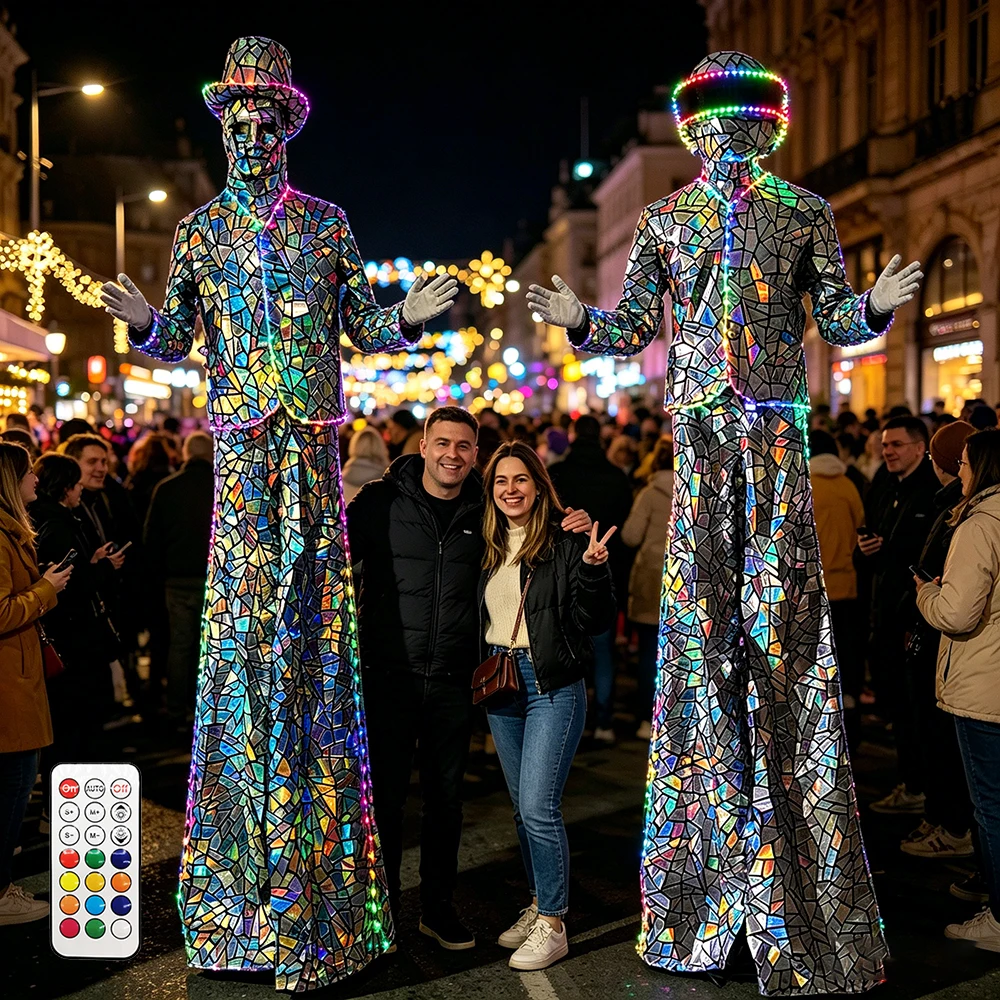 

Glowing LED Mirror Robot Costume Optional Helmet or Hat Stilt Walker Outfit Nightclub Carnival Party Performance Wear