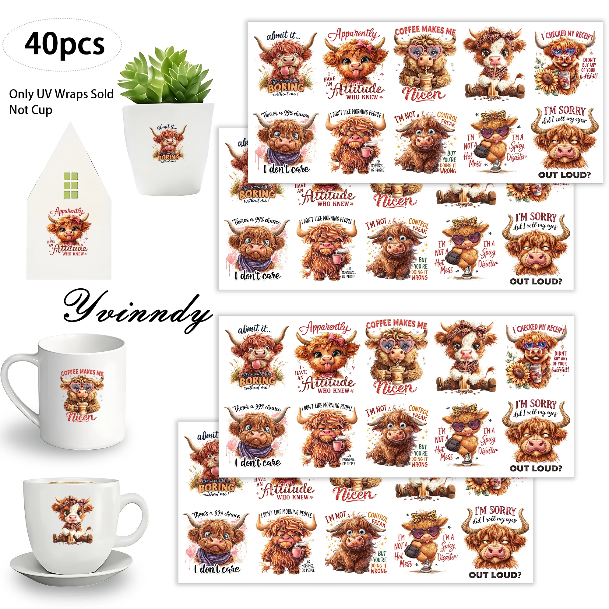 40Pcs/set Funny Highland cattle English slogans Iron On Stickers For Cup Vinyl Paper Fun Designs Durable Construction