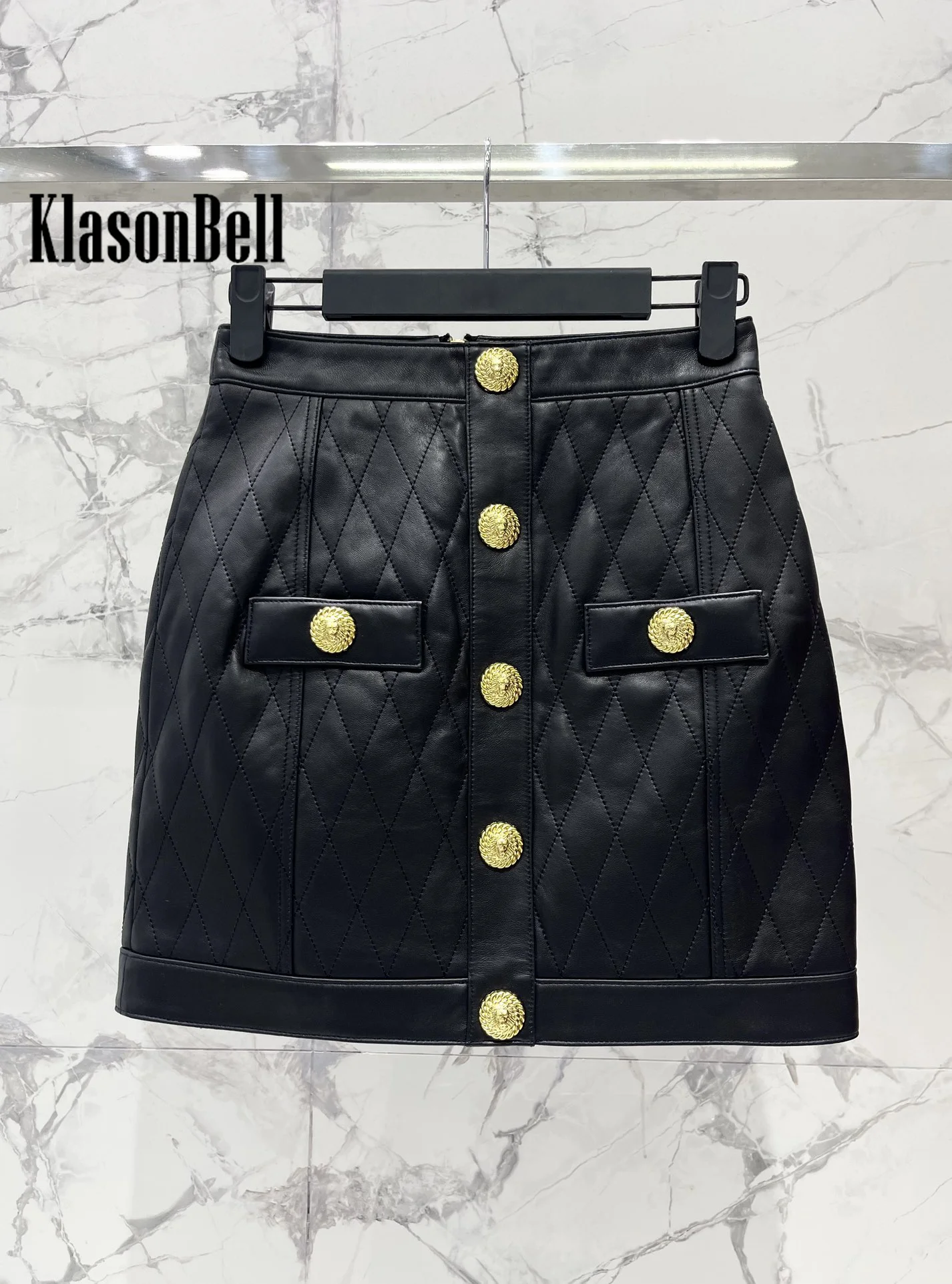 8.7 KlasonBell Women Argyle Plaid Stitched Lapel Collar Jacket Or High Waist Gold Button Skirt Genuine Leather Moto Biker Set