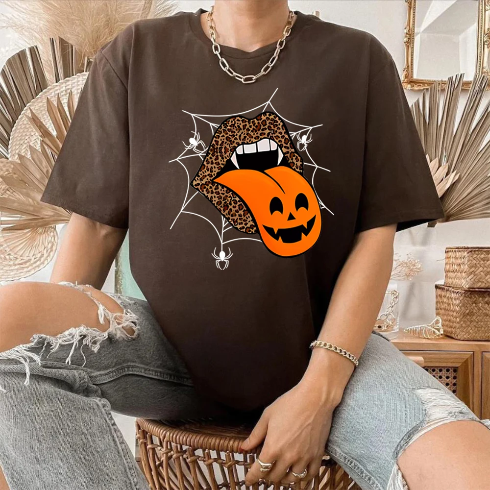 Halloween T-shirt Leopard Rolling Tongue Lips Shirt Pumpkin Autumn Spooky Season Vampire Witch Tees Vintage Halloween Party Tops