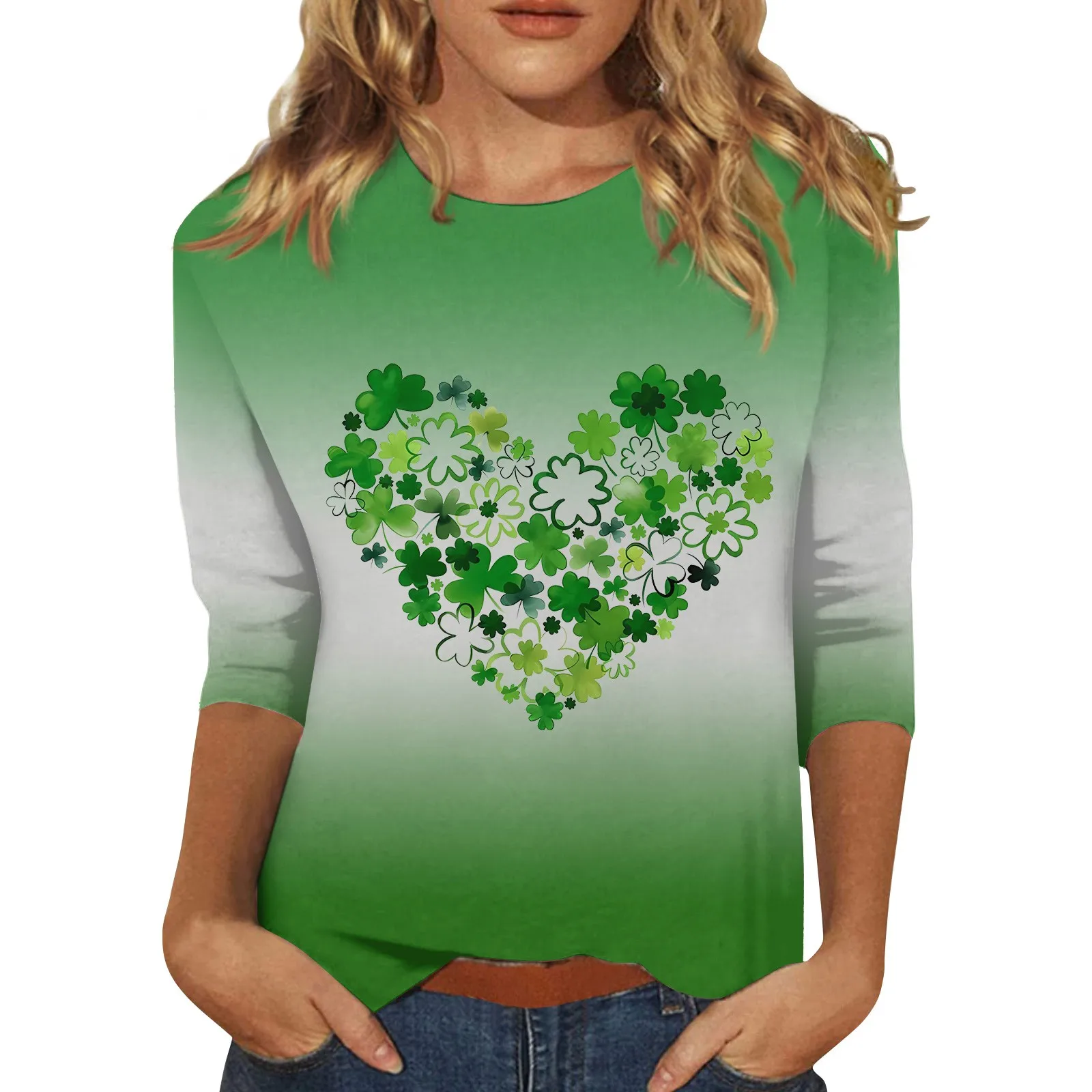 Women T Shirt Clover Print 2024.3.17 Happy St. Patrick’s Day Round Neck 3/4 Sleeve Tops Carnival Ireland Festival Lucky Bless