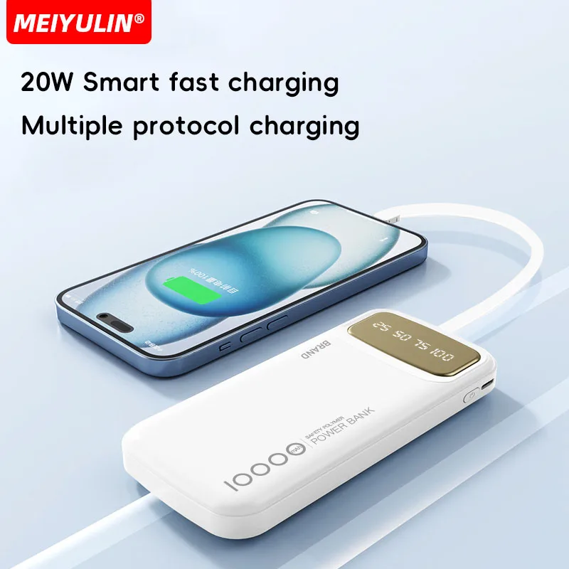 10000mAh Large Capacity Power Bank Portable USB C Fast Charging Mobile External Battery With Cable for iPhone 16 Samsung Xiaomi