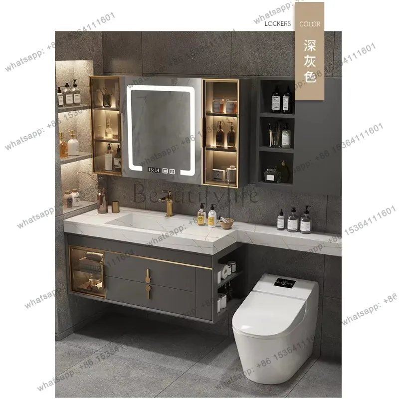 YJ  Slate bathroom cabinet combination light luxury bathroom washbasin simple oak smart mirror cabinet dark green