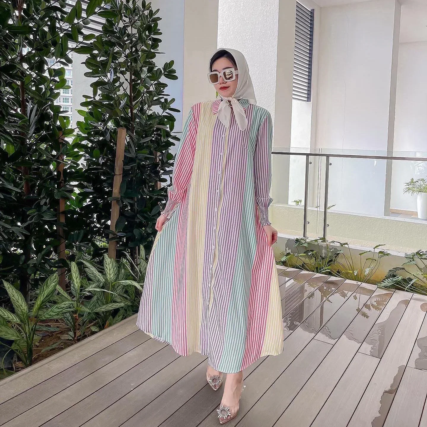 Women Long Sleeve Muslim Dress Casual Solid Lapel Collar Striped Abaya Loose Straight Kaftan Dress Casual Buttons Shirt Dress