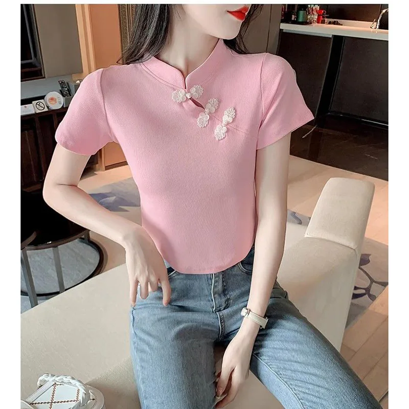 

Short-Sleeved T-Shirt Ladies 2024 New Explosions Summer Fashion T-Shirt New Chinese Design Short Comfortable Simple Button Top