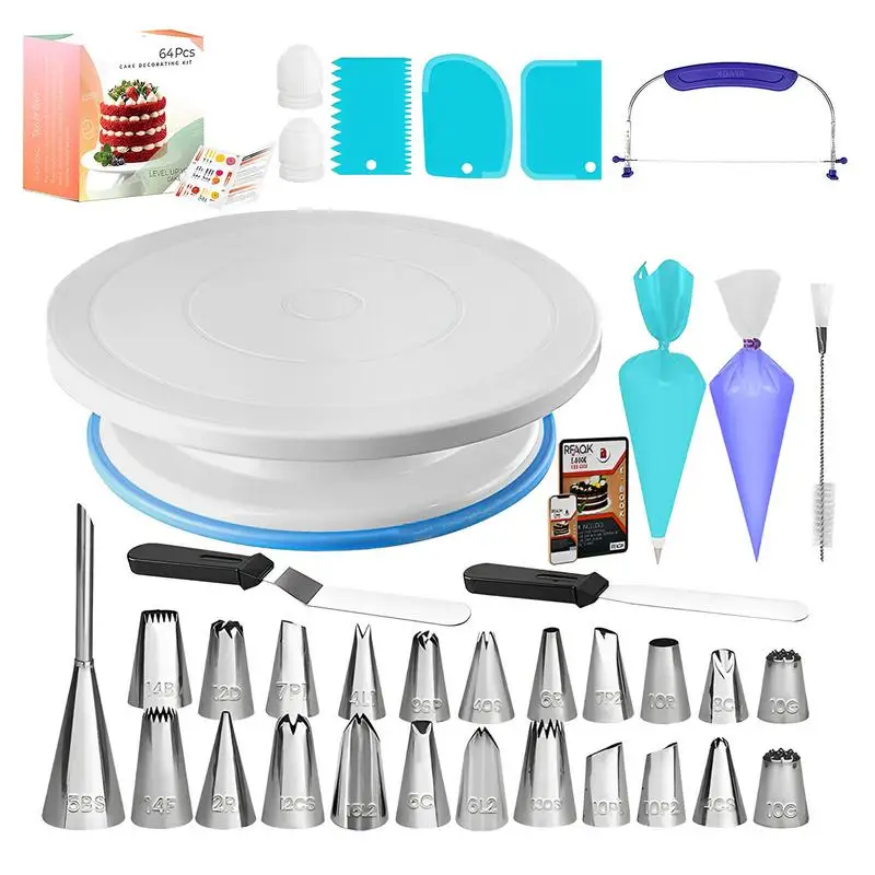 

Professional Cake Decorating Kit 64PCS Baking Set With Cake Turntable Icing Piping Tips Frosting Pastry Tools Reusable Bags