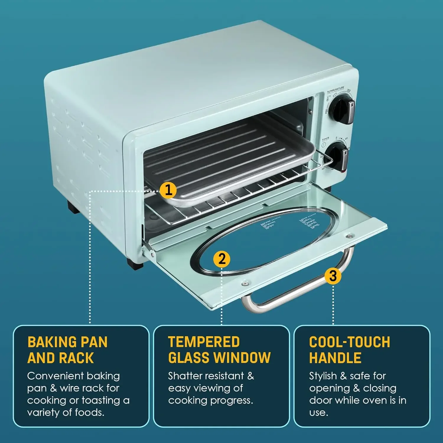 Grille-pain rétro des années 50 avec contrôle de la température, minuterie de 60 minutes réglable, 2 tranches, four, cuisson, toast, convient à la pizza de 8 pouces, 1000W