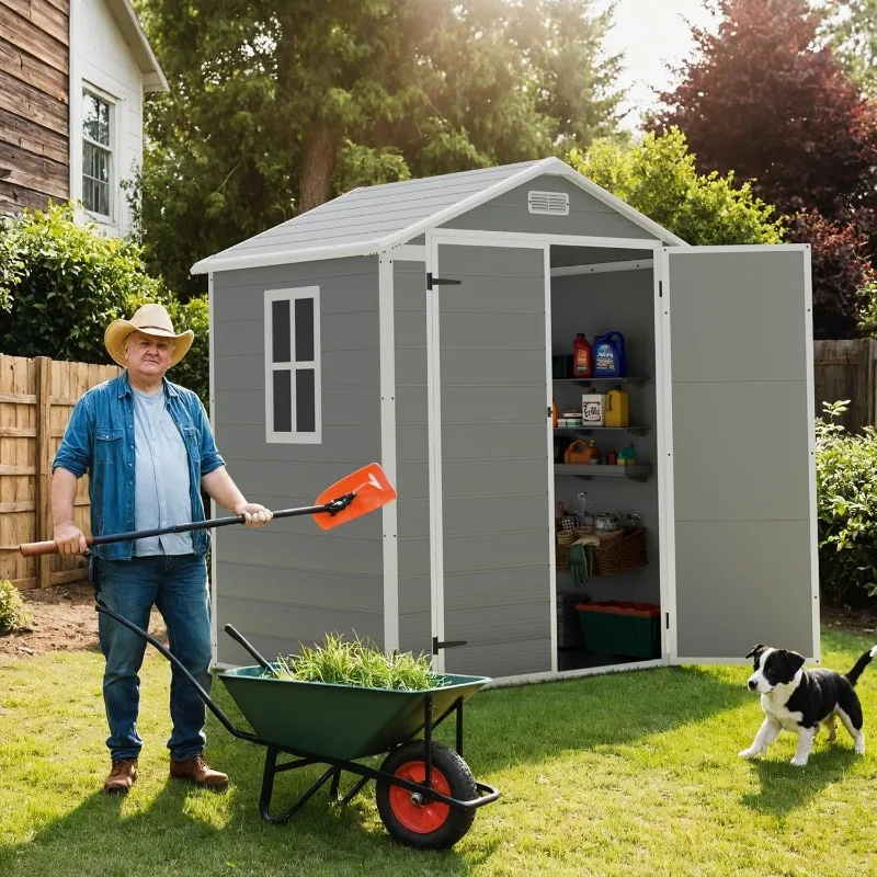 Outdoor Storage Shed 6X4FT All Weather Resin Tool Room with Floor, Light Grey