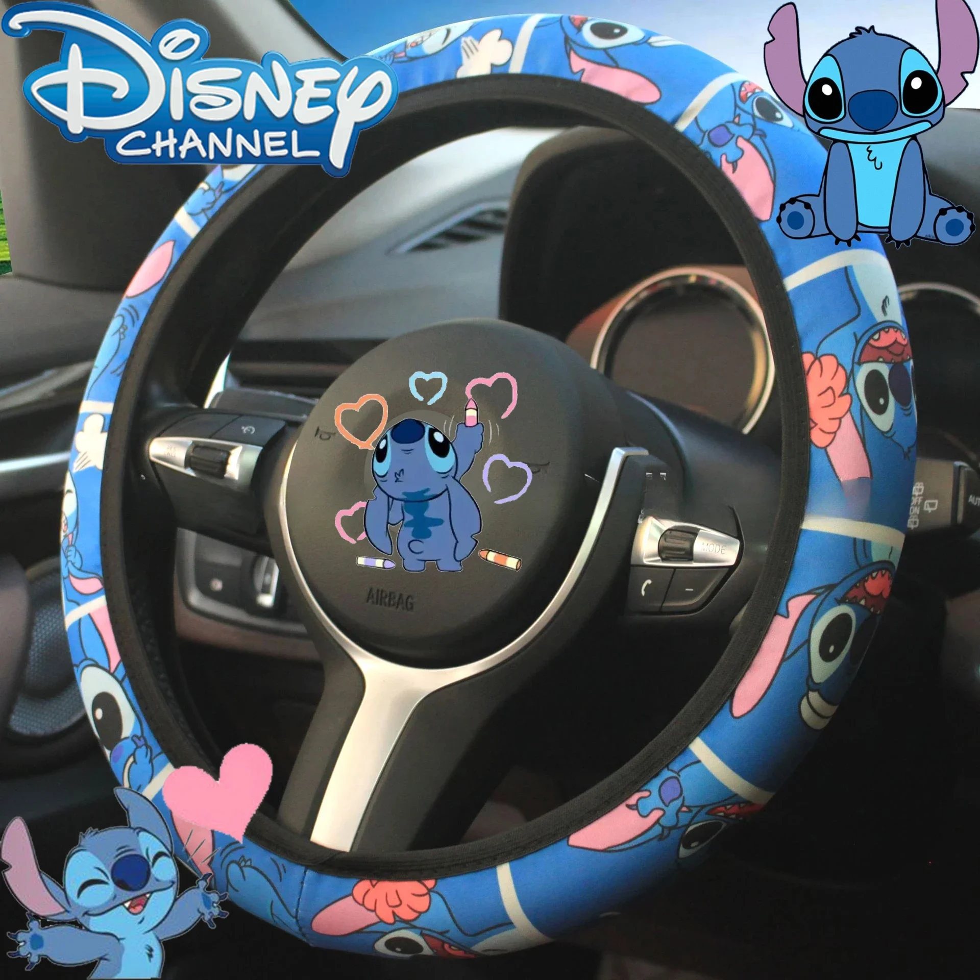 Disney Stitch 15in Steering Wheel Cover Kawaii Lilo & Stitch Anime Figure Universal Car Accessories for Steering Wheel Protector