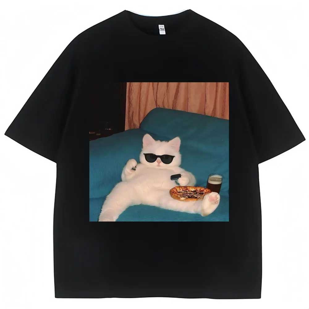 Funny Glasses Cat and Pizza Meme T-shirt Women Creativity Fashion Kawaii T Shirts Casual Tees Cat Lovers Gifts Graphic T Shirts