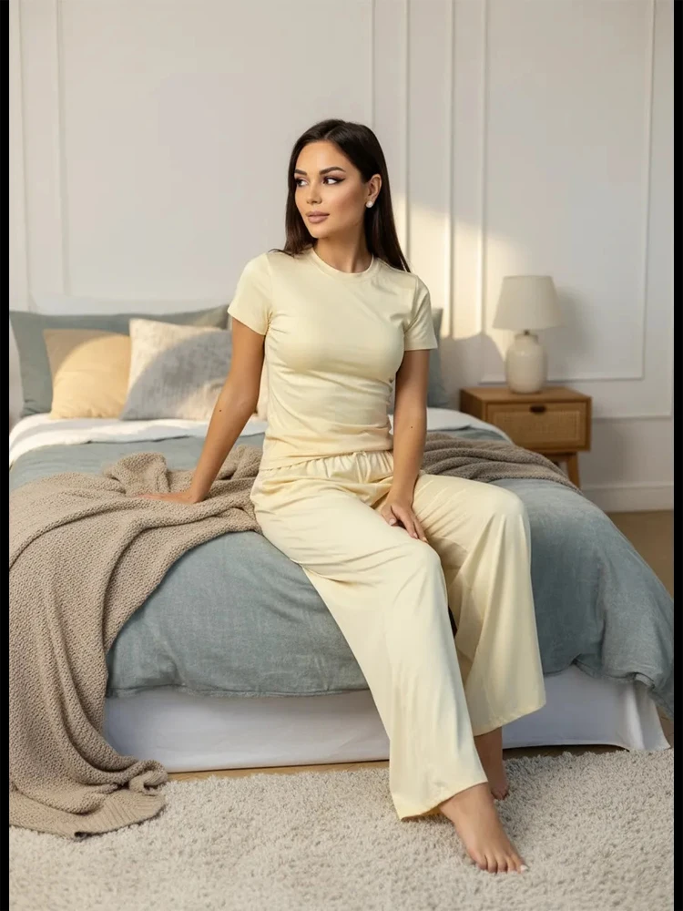 

Women's Knitted Short Sleeve T-shirt Wide Leg Pants Set 2 Piece Cozy Loungewear Lady Loose Homewear 2026 Spring Lady Outfit