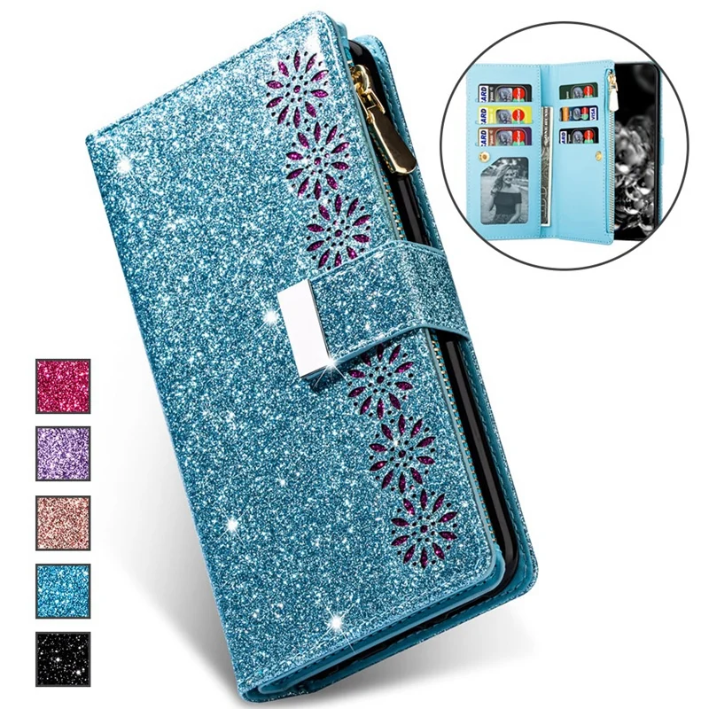 9 Card Slots Glitter Powder Wallet Case for Samsung Galaxy A12 A13 A33 A53 A51 A52 S22 S21 S20 Magnetic Luxury Laser Flip Cover