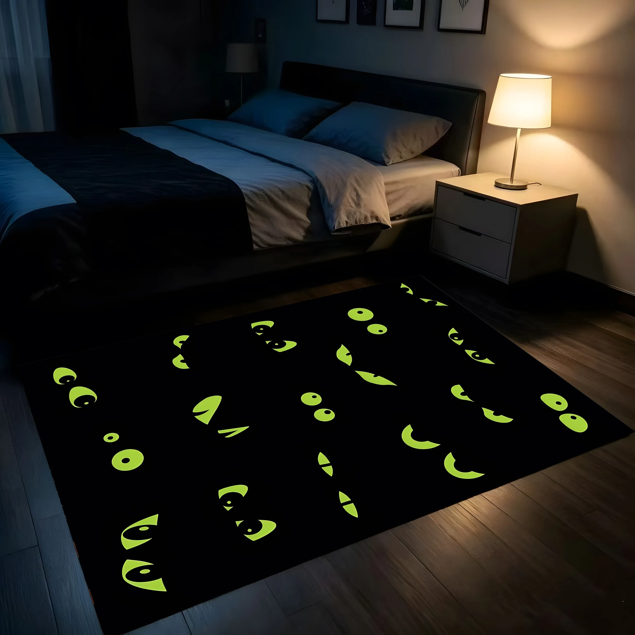 Velvet Fluorescent Green Eye Pattern Dark and Quirky 2D Rug for Living Room Bedroom Party Decoration Halloween Atmosphere