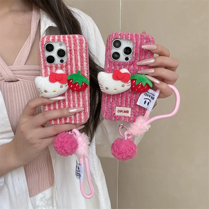 ثلاثية الأبعاد لطيف الكرتون سانريو مرحبا كيتي فروي أفخم لينة قضية الهاتف آيفون 16 15 14 17 برو ماكس الشتاء الدافئة غطاء مع الحبل #6