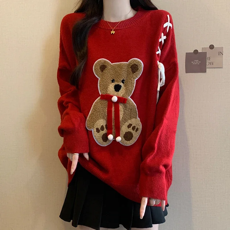 

Autumn Winter Christmas Style Flocking Bear Knitted Sweaters Women's O-neck Large Size Loose Versatile Age-reducing Knitwear