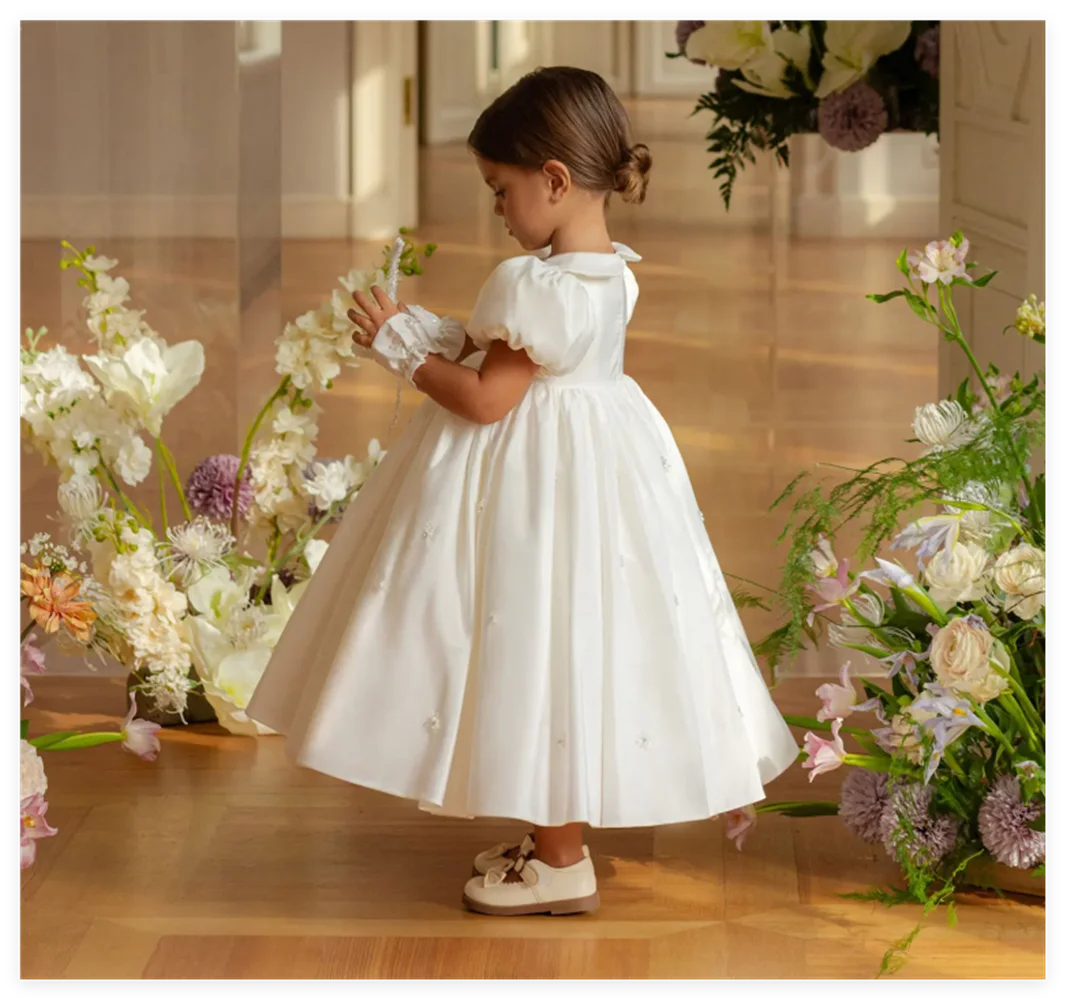 Vestido de niña de flores con cuentas de satén blancas de lujo, con guante, longitud hasta el tobillo, para Princesa, cumpleaños, boda, fiesta de baile